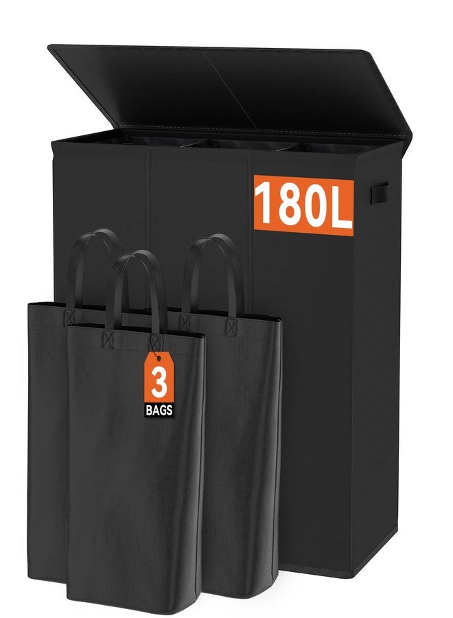 WOWLIVE 180L Laundry Hamper with Lid 3 Section,Large Laundry Basket with Removable Bags and Handles,Collapsible Dirty Clothes Hampers for Laundry,Laundry Basket Organizer for Laundry Room,Dorm,Black - Image 1